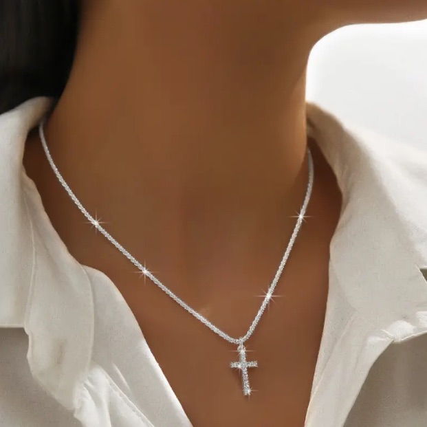 Classic Silver Gemstone Encrusted Cross Pendant Necklace